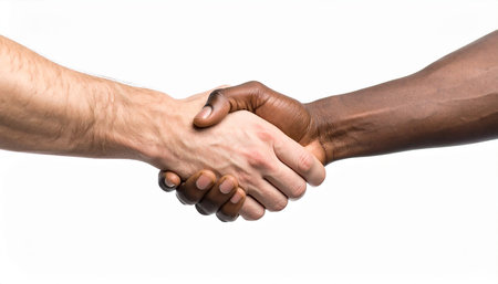 Close-up of two black men shaking hands isolated on white backgroundの素材