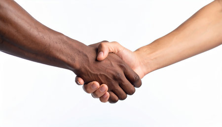 Close up of black man and woman shaking hands isolated on white backgroundの素材