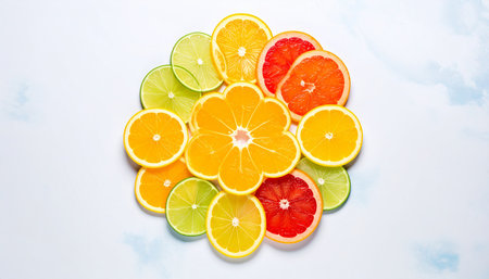 Citrus fruit slices on white background. Orange, lime, lemon, grapefruit.の素材
