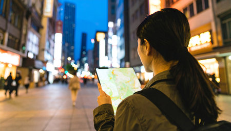 Woman using a map in the city at night, asian beautyの素材