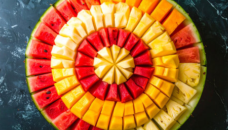Slices of watermelon, pineapple and melon on black backgroundの素材