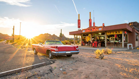 Old american car parked in front of a gas station in San Diego, California.の素材