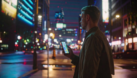 Young man using a mobile phone in a city at night. The concept of modern technologies and communication.の素材