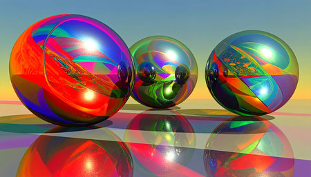 Colorful glass balls with reflection in the water. 3D illustration.の素材