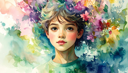 Watercolor portrait of a beautiful young girl with colorful flowers in her hair.の素材