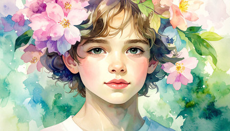Watercolor portrait of a beautiful young girl with flowers in her hair.の素材