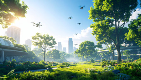 Beautiful view of modern city park with flying drone in the morningの素材