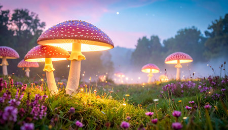 Magic mushrooms in the meadow at night. Beautiful nature background.の素材