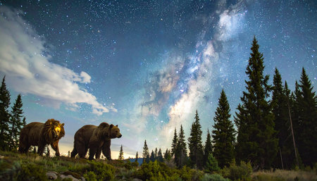 Grizzly bears on the background of the milky way and stars.の素材