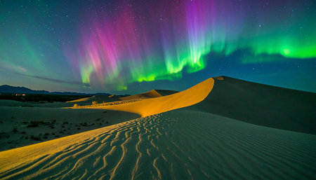 Aurora borealis over sand dunes in Maspalomas, Gran Canariaの素材