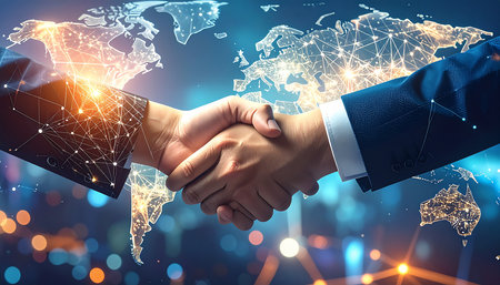 Close up of two businessmen shaking hands over glowing world map background. Toned image double exposureの素材