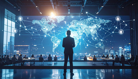 Rear view of businessman standing with crossed arms and looking at world map hologram. International business concept. 3D Renderingの素材