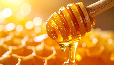 Honey dripping from a wooden honey dipper on honeycombs backgroundの素材