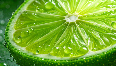 Fresh lime slice with water drops on green background. Close up.の素材