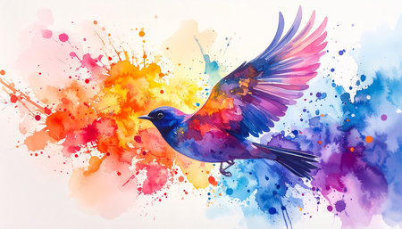 Colorful watercolor background with flying bird. Watercolor painting.の素材
