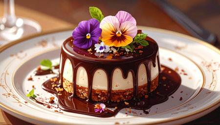 Piece of chocolate cake decorated with pansy flowers on a plateの素材