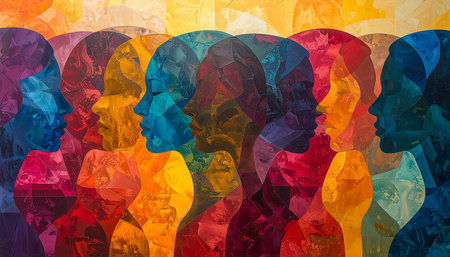 Silhouette of a group of people. Multicolored backgroundの素材