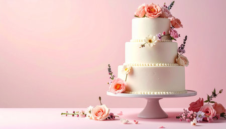 Beautiful wedding cake with flowers on pink background, space for textの素材