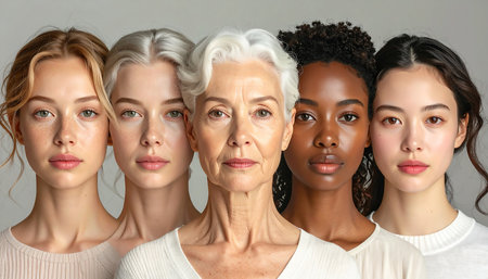 Group of women with different hair styles on grey background, closeupの素材