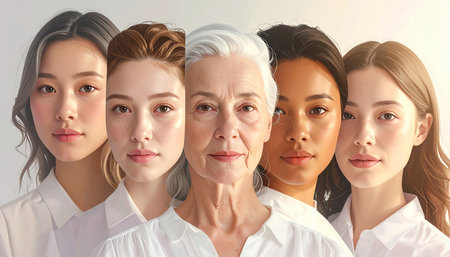 Group of women with different facial expressions. Concept of beauty and self-care.の素材