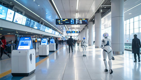 robot and passengers in the airport, concept of artificial intelligence.の素材