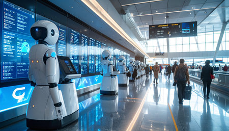 Robot and passengers in the international airport terminal. Concept of artificial intelligence.の素材