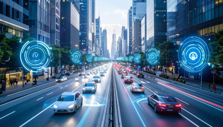 traffic in Hong Kong city at night with digital technology interface.の素材