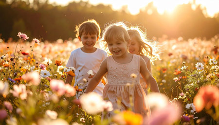 Two little girls playing in a meadow with flowers at sunset.の素材