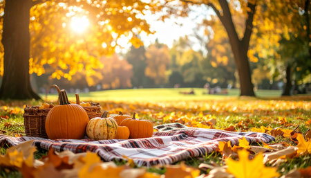 Autumn still life with pumpkins and leaves in park on sunny dayの素材