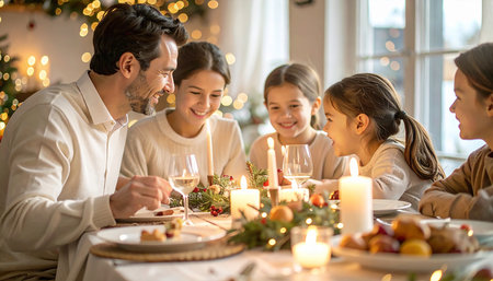 family, holidays, generation and people concept - happy family having christmas dinner at homeの素材