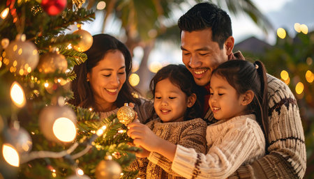 asian family decorating christmas tree with lights at night timeの素材