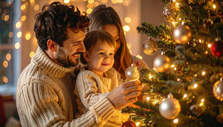 happy family decorating christmas tree with baubles at homeの素材