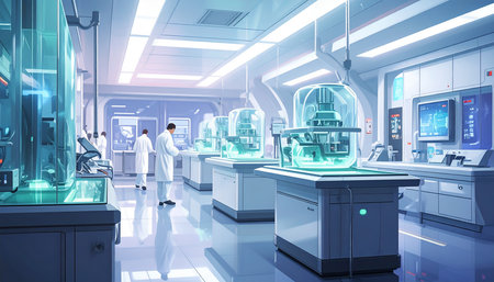 Science laboratory with equipment and science experiments. 3d render illustration.の素材