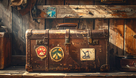 Vintage travel suitcases in the old wooden house, retro tonedの素材