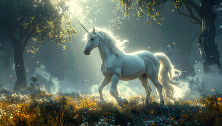 White unicorn in the forest. Fantasy illustration. 3D rendering.の素材