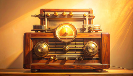 Vintage radio on a wooden table in the room. Retro styleの素材