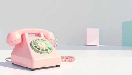 Retro pink telephone on white table and pastel color background.の素材