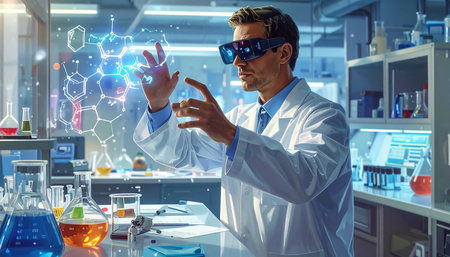Science research and development concept. Double exposure image of scientific researcher in lab coat working with modern medical equipment and test tubes on background.の素材
