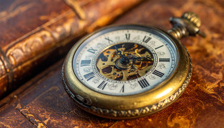 Vintage pocket watch on an old book close-up macro photographyの素材