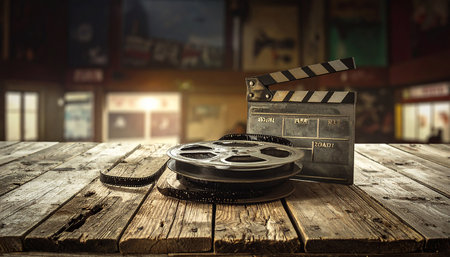 Film reel and clapperboard on wooden table in movie studio.の素材
