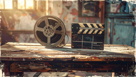 Old film reel and clapperboard on a wooden table. Photo in old color image styleの素材
