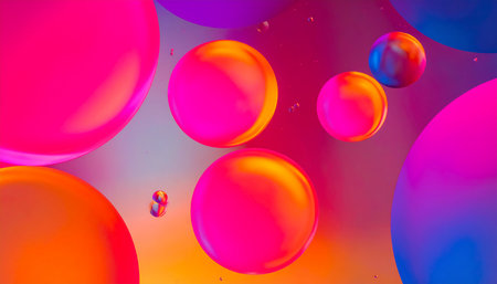 bright oily drops in water with colorful background, close-up shotの素材