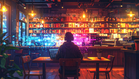Back view of a man sitting at the bar counter and working on a laptopの素材