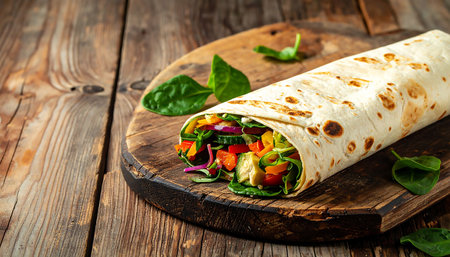 Tortilla wrap with fresh vegetables and feta cheese on wooden backgroundの素材