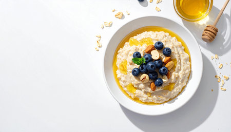 Oatmeal porridge with blueberries, almonds and honey on a white background. Healthy breakfast.の素材