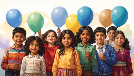 Group of children holding balloons and smiling at the camera on a white backgroundの素材
