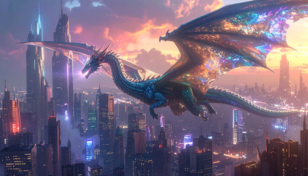 Dragon flying over the city. 3D render. Conceptual illustration.の素材