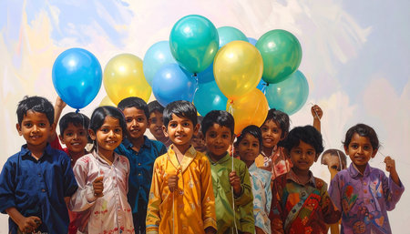 Group of Indian children with colorful balloons.の素材