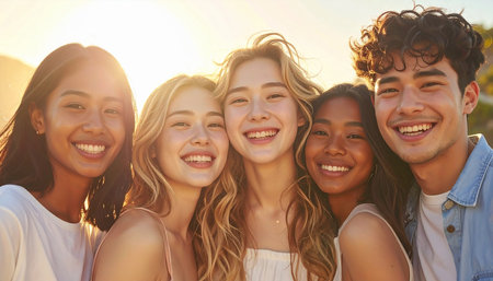 summer, holidays, celebration and people concept - group of smiling friends hugging over sunset backgroundの素材