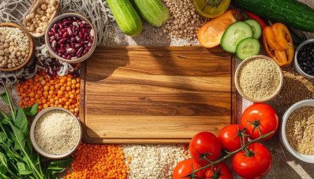 Healthy food background with vegetables and wooden board. Top view.の素材